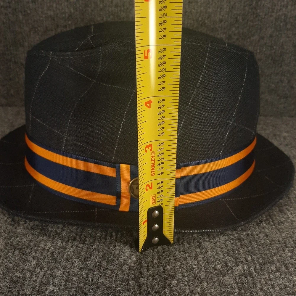 Goorin Bros Fedora Hat Black Gray Pin Striped Yellow Blue Band Mens Size XL USA